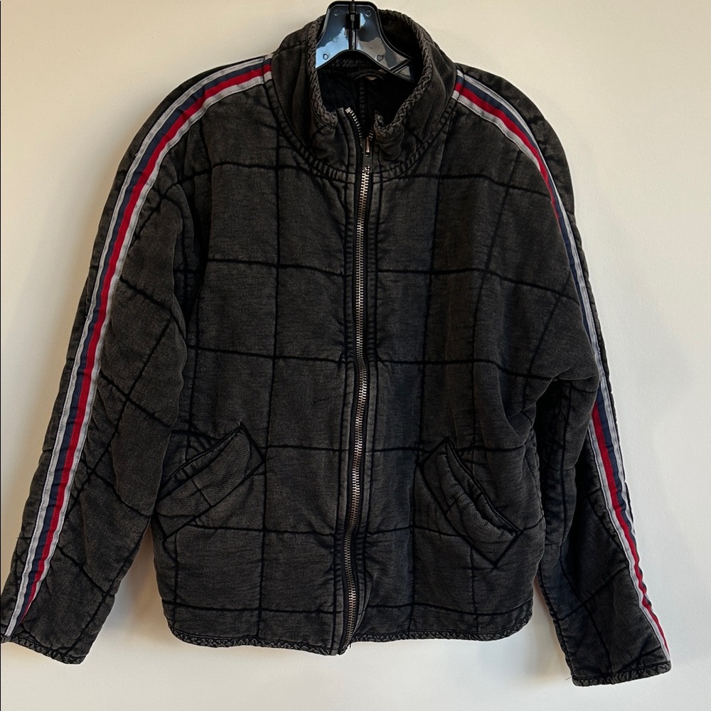Free people Black Quilted Jacket with Red and White Stripes